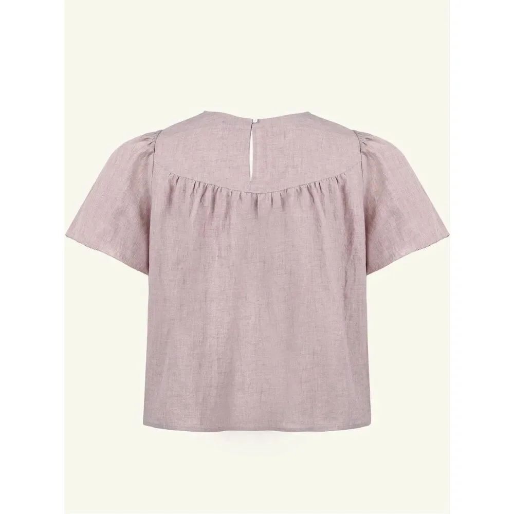 0080 Source Unknown Dusty Mauve Puff Sleeve Linen Top